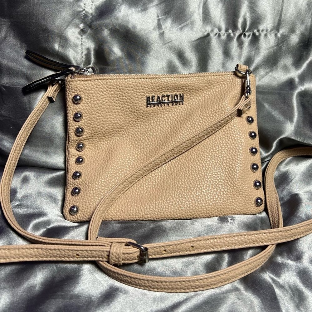 Kenneth Cole Reaction Studded Crossbody‎ Mini Bag Pebbled Tan Vegan Festival 6"